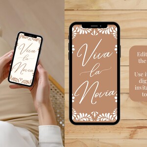 May include: A digital invitation template for a wedding or bridal shower. The template features a brown background with white floral designs and the text "Viva la Novia".