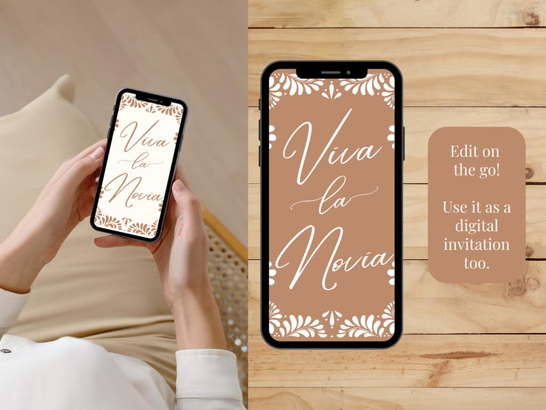 May include: A digital invitation template for a wedding or bridal shower. The template features a brown background with white floral designs and the text "Viva la Novia".