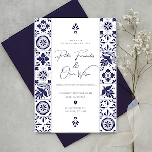 Customizable Mexican Wedding Invitation & Save the Date - Blue Talavera Design #3. Spanish + English version. DIY in Canva. Instant Download