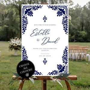 Mexican Talavera Wedding Welcome Sign Template - Blue Talavera &quot;Birds and Leaves&quot; #3 - Easy to edit with Canva. Instant Download