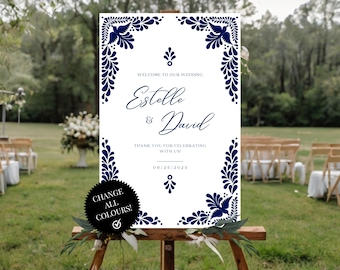 Mexican Talavera Wedding Welcome Sign Template - Blue Talavera &quot;Birds and Leaves&quot; #3 - Easy to edit with Canva. Instant Download
