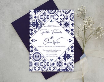 Customizable Mexican Wedding Invitation & Save the Date - Blue Talavera Design #4. Spanish + English version. DIY in Canva. Instant Download