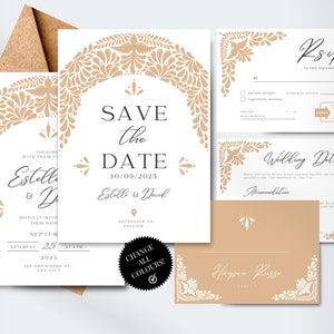 Pacote de modelos de casamento | Convites modernos inspirados em Talavera, RSVP, nota de agradecimento, detalhes e cartão de lugar | CanvaEditar | Download instantâneo
