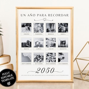 Puede incluir: Un marco dorado con una cuadrícula de doce fotos en blanco y negro, cada una etiquetada con un mes. El texto "UN AÑO PARA RECORDAR" y "2050" están en la parte superior e inferior. Es una plantilla totalmente editable.