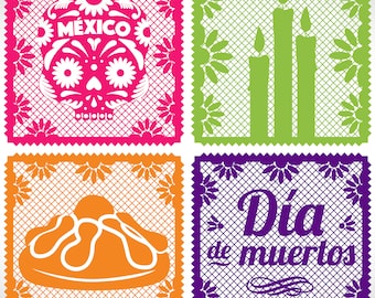 Day of the Dead Clipart Set | Mexican Papel Picado Cutout Art | Día de los Muertos Clipart | PNG Digital Files | Instant Download!
