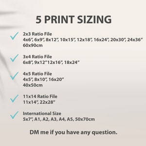 Puede incluir: Un fondo blanco con una lista de opciones de tama&ntilde;o de impresi&oacute;n para fotos. La lista incluye diferentes relaciones de aspecto y tama&ntilde;os en pulgadas y cent&iacute;metros. El texto "5 PRINT SIZING" est&aacute; en la parte superior de la lista. El texto "DM me if you have any question." est&aacute; en la parte inferior de la lista.