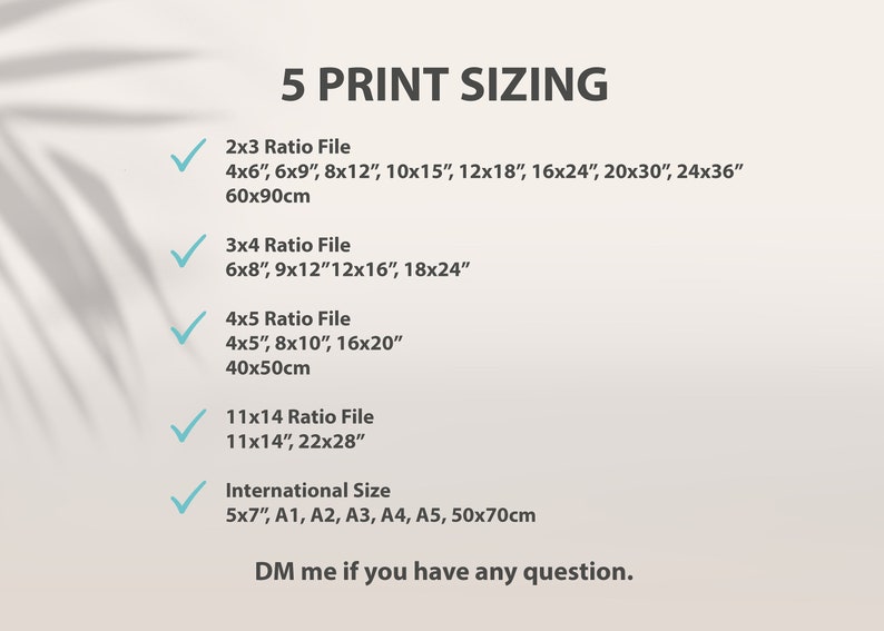 Puede incluir: Un fondo blanco con una lista de opciones de tama&ntilde;o de impresi&oacute;n para fotos. La lista incluye diferentes relaciones de aspecto y tama&ntilde;os en pulgadas y cent&iacute;metros. El texto "5 PRINT SIZING" est&aacute; en la parte superior de la lista. El texto "DM me if you have any question." est&aacute; en la parte inferior de la lista.