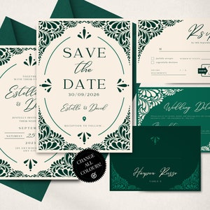 Pacote de convite de casamento e modelo para salvar a data | RSVP de casamento moderno, cartão de lugar, detalhes, nota de agradecimento | CanvaEditar | Download instantâneo