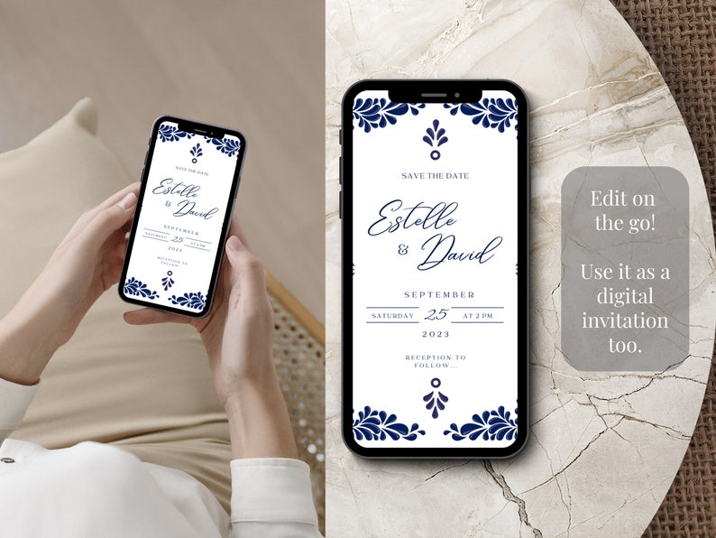 Customizable Mexican Wedding Invitation & Save the Date in Blue Talavera Design. Spanish and English version. DIY in Canva. Instant Download image 6