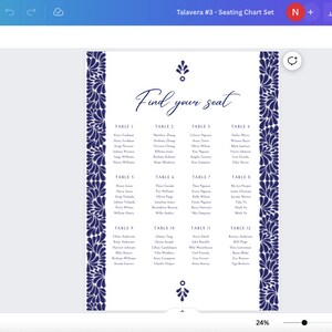 May include: A white printable seating chart with a blue floral border. The chart is titled "Find your seat" and lists tables and names for each table.