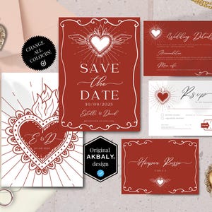 Könnte beinhalten: Eine Sammlung von Hochzeitskarten in Rot- und Weißtönen mit Herz- und Flammendesigns. Das Set beinhaltet eine "Save the Date"-Karte, eine RSVP-Karte und eine Detailkarte. Goldene herzförmige Ornamente und Ringe sind ebenfalls vorhanden.