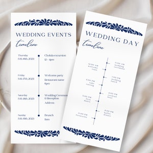 Puede incluir: Un cronograma de boda con un diseño floral azul. El cronograma incluye eventos desde el jueves 10 de febrero de 2023 hasta el domingo 19 de febrero de 2023. Los eventos incluyen una excursión a Cholula, una fiesta de bienvenida, una ceremonia de boda y una recepción, y un brunch.