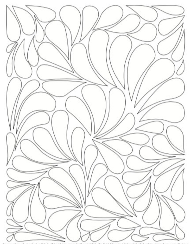 May include: A black and white line drawing of a repeating pattern of teardrop shapes. The teardrop shapes are arranged in a symmetrical pattern, creating a sense of movement and flow.