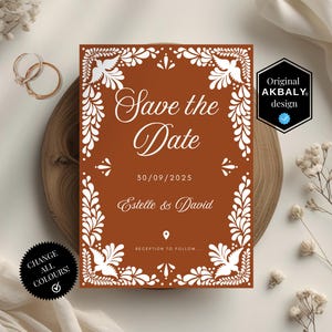 Modelo de reserva de data para casamento em Talavera | Cartão rústico de reserva de data para casamento em Talavera | Casamento em Papel Picado | CanvaEdit | Download instantâneo!