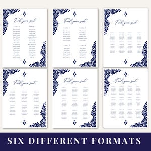 Peut inclure: Six mod&egrave;les de plan de table diff&eacute;rents avec un motif floral bleu marine et le texte "Find your seat".