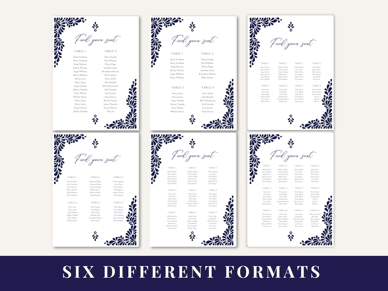 Peut inclure: Six mod&egrave;les de plan de table diff&eacute;rents avec un motif floral bleu marine et le texte "Find your seat".