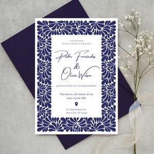 Customizable Mexican Wedding Invitation & Save the Date - Blue Talavera Design #7. Spanish + English version. DIY in Canva. Instant Download