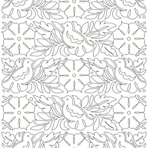 May include: A black and white line drawing of a repeating pattern featuring stylized birds, flowers, and leaves. The design is symmetrical and has a traditional folk art style.
