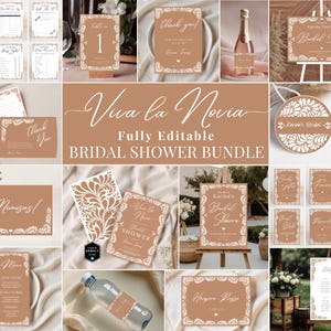 May include: A printable bridal shower bundle with a brown and white color scheme. The bundle includes various printable items such as signs, games, and decorations. The text "Viva la Novia" is featured on the front of the bundle.