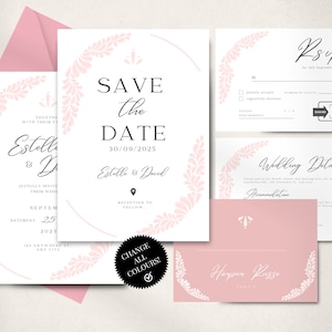 Pacote de convite de casamento e modelo para salvar a data | RSVP de sinalização de casamento, cartão de lugar, detalhes, nota de agradecimento | Edição do Canva. Download instantâneo