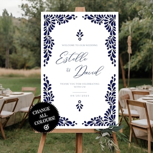 Mexican Talavera Wedding Welcome Sign Template - Blue Talavera &quot;Leaves&quot; #2 - Easy to edit with Canva. Instant Download
