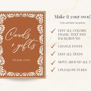 Puede incluir: Un cartel imprimible con fondo marr&oacute;n y marco floral blanco. El texto "Cards + gifts" est&aacute; escrito en blanco en cursiva. El texto "Thank you!" est&aacute; escrito en blanco debajo del texto principal. El cartel es totalmente editable y se puede personalizar con diferentes colores, fuentes y textos.