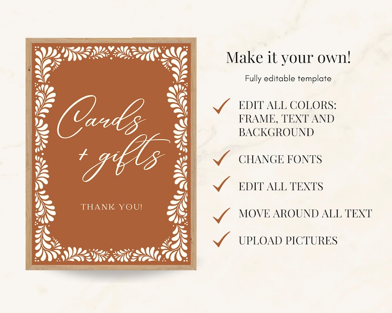 Puede incluir: Un cartel imprimible con fondo marr&oacute;n y marco floral blanco. El texto "Cards + gifts" est&aacute; escrito en blanco en cursiva. El texto "Thank you!" est&aacute; escrito en blanco debajo del texto principal. El cartel es totalmente editable y se puede personalizar con diferentes colores, fuentes y textos.