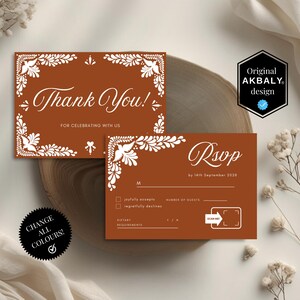 テラコッタ タラベラ RSVP、サンキュー、詳細、席札テンプレート（印刷可能） | Papel Picado Wedding | CanvaEdit | すぐにダウンロード
