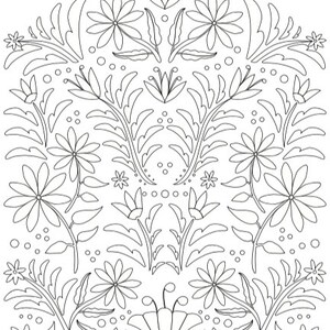 May include: A black and white line drawing of a symmetrical floral design. The design features stylized flowers, leaves, and buds. The design is intricate and detailed.