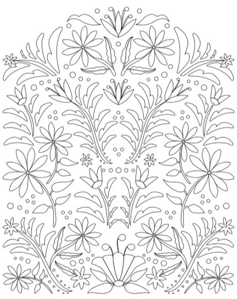 May include: A black and white line drawing of a symmetrical floral design. The design features stylized flowers, leaves, and buds. The design is intricate and detailed.