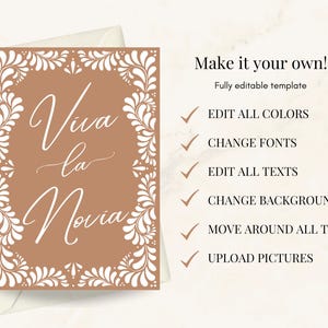 May include: A printable template for a wedding sign with a brown background and white floral border. The text reads "Viva la Novia".