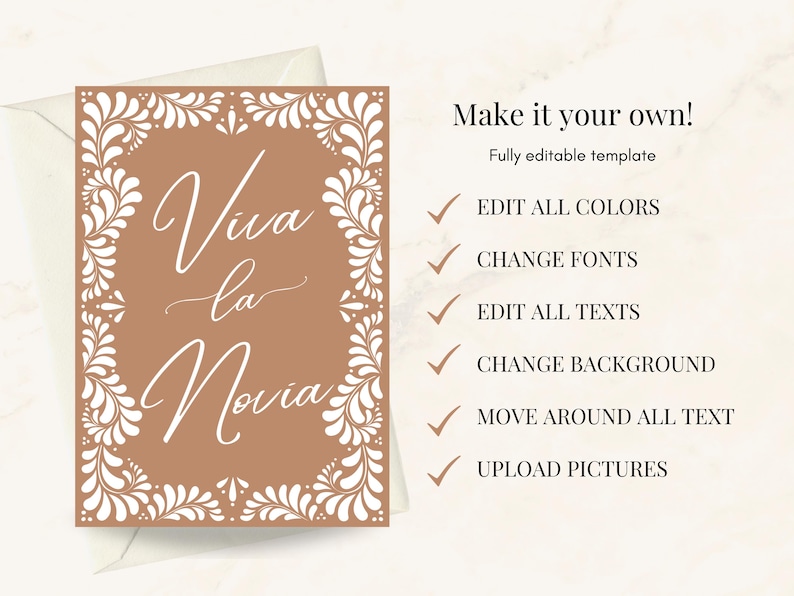 May include: A printable template for a wedding sign with a brown background and white floral border. The text reads "Viva la Novia".