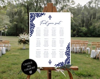 Ensemble de 6 modèles de plan de table pour mariage mexicain Talavera – Talavera bleu « Feuilles » n° 1 – Modifiable facilement avec Canva. Téléchargement instantané.