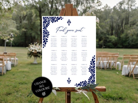 Mexican Talavera Wedding Seating Chart Set of 6 different Templates - Blue Talavera "Leaves" #1 - Easy to edit with Canva. Instant Download