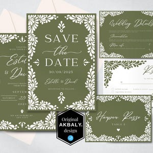 Green Talavera Wedding Invitation Template Set | Talavera Wedding Invites | Papel Picado Wedding Stationary | CanvaEdit | Instant Download!
