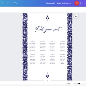 May include: A white wedding seating chart with a blue floral border. The chart is titled "Find your seat" and lists the names of guests assigned to each table.