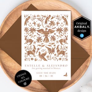 Save the Date-Postkartenvorlage, mexikanisches Otomi-Design | Hochzeit in Mexiko | Otomi-Hochzeitseinladung | Canva bearbeiten | Sofortdownload