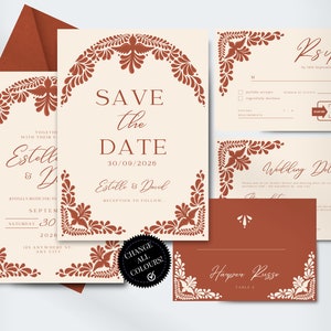 Pacote de modelos de casamento Boho | Convite de casamento inspirado em Talavera mexicana de terracota, cartão de lugar, RSVP, detalhe | CanvaEditar | Download instantâneo