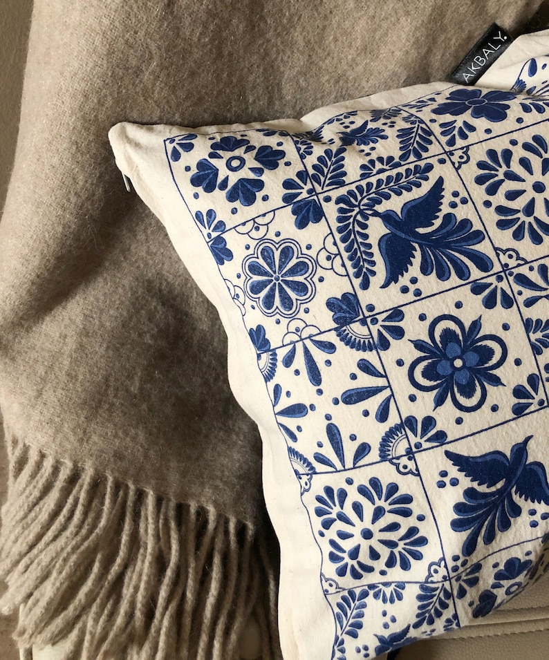 Pillow Covers, Mexican Talavera Style Fine & soft Cotton canvas Decorative Cushion Cover Decorative Pillow Throw Pillow Home decor image 3