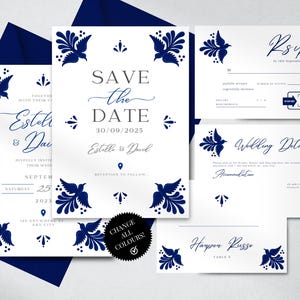 Wedding Template Bundle | Modern Mexican Talavera Inspired Wedding Signage, Place Card, RSVP, Details | Easy Canva Edit | Instant Download!