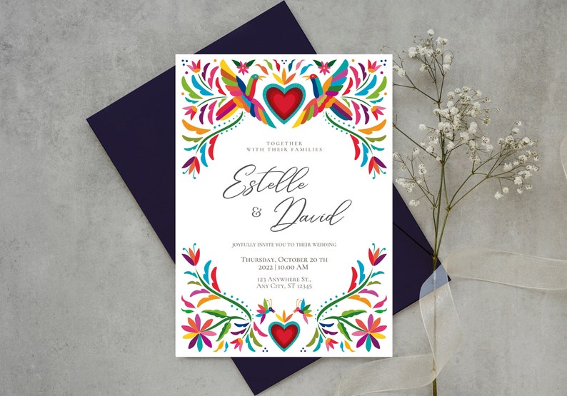 Customizable Mexican Wedding Invitation & Save the Date in Colorful Otomi Design. Spanish English version. DIY on Canva. Instant Download image 1