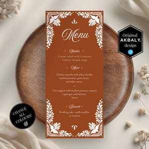 Modèle de menu de mariage en terre cuite | Menu de mariage mexicain Talavera imprimable | Menu de mariage Papel Picado | CanvaEdit | Téléchargement instantané !