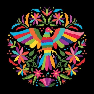 May include: A colorful, stylized bird with rainbow feathers and a floral design. The bird is surrounded by flowers and leaves in a circular pattern.