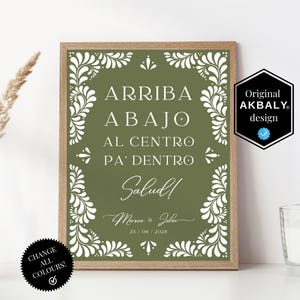 Talavera Wedding Up, Down, To The Center, In, Cheers! Bar Sign | Green Talavera Theme Wedding Fiesta | Canva Edit | Instant Download!