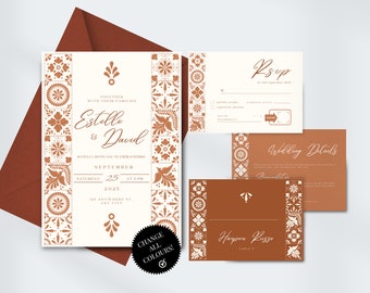 May include: Wedding invitation suite featuring a cream and terracotta color scheme with floral and geometric patterns. The invitation includes the names "Estelle & David", date, time, and location. Includes RSVP and details cards.