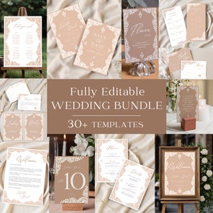 May include: A collection of 30+ editable wedding templates in a brown and white color scheme. The templates feature a floral design with a delicate white pattern on a brown background. The text "Fully Editable Wedding Bundle" and "30+ Templates" is displayed in a brown font on a white background.