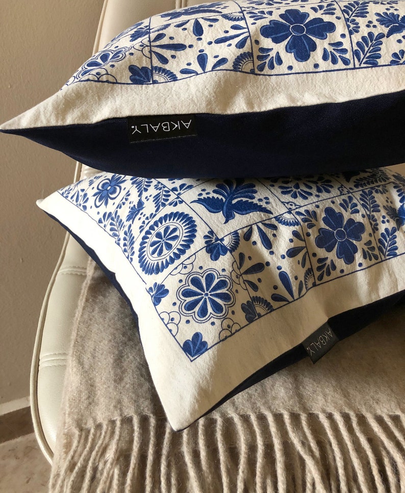 Pillow Covers, Mexican Talavera Style Fine & soft Cotton canvas Decorative Cushion Cover Decorative Pillow Throw Pillow Home decor image 9