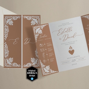 Gatefold Wedding Invitation Template, Mexican Talavera Inspired | Printable Gate Fold Modern Wedding Invite | CanvaEdit | Instant Download!