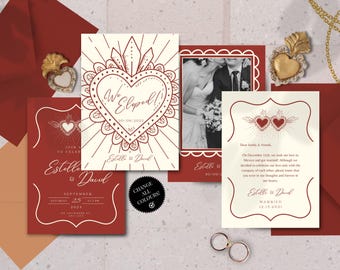 May include: Three wedding invitations in a red and white colour scheme. The invitations feature a stylised heart with wings and the text "We Eloped!" and "Estelle & David".