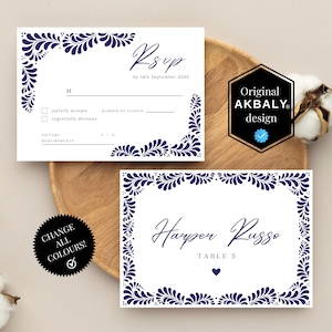 Blue Talavera RSVP & Place Cards Template Set | Talavera Wedding Printable Stationary | Papel Picado Wedding | CanvaEdit | Instant Download